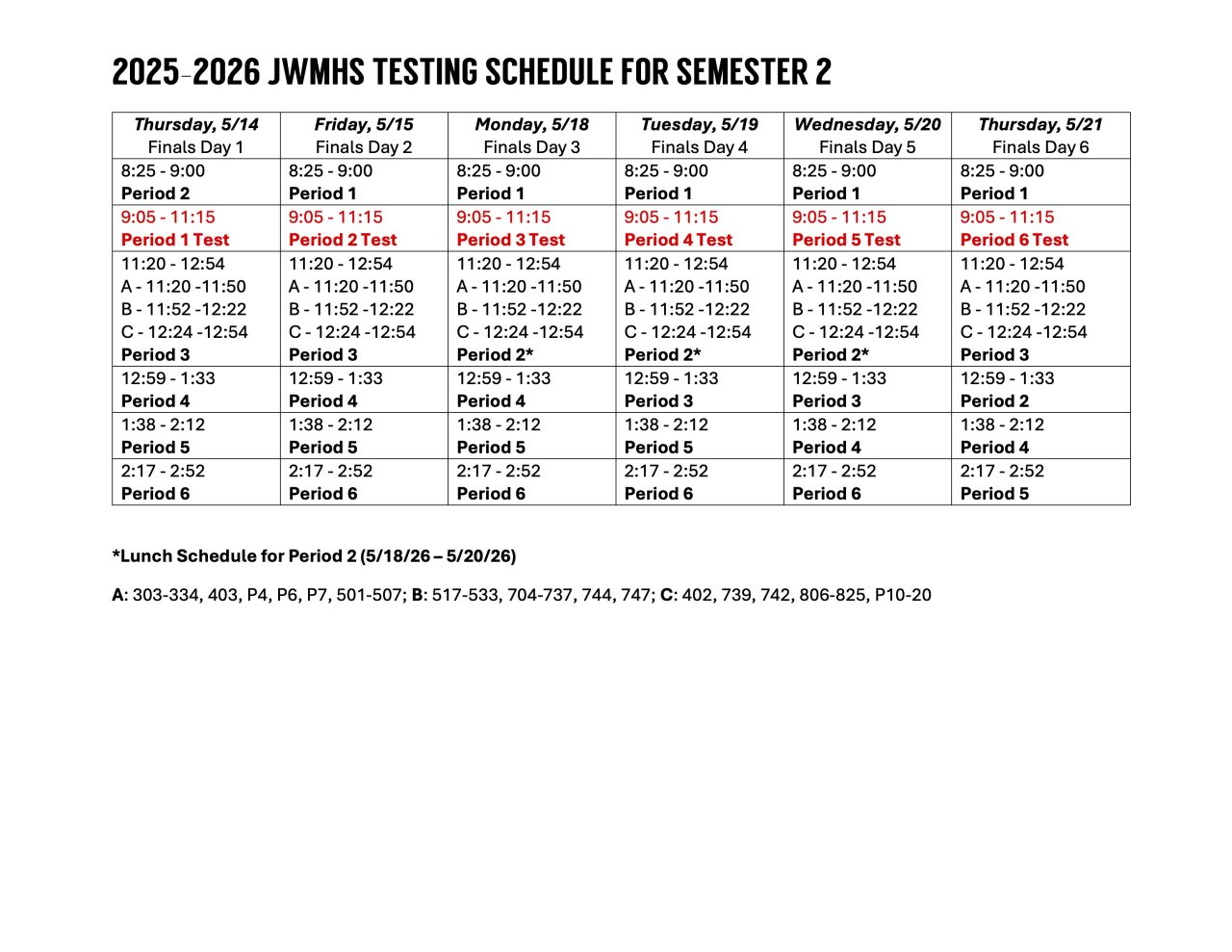 2025-2026 JWMHS Semester 2 EOY Testing Schedule | JWMHS